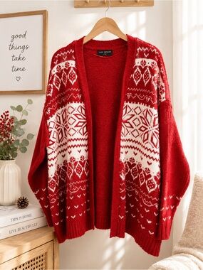 Lane Bryant Red and White Nordic Open Cardigan